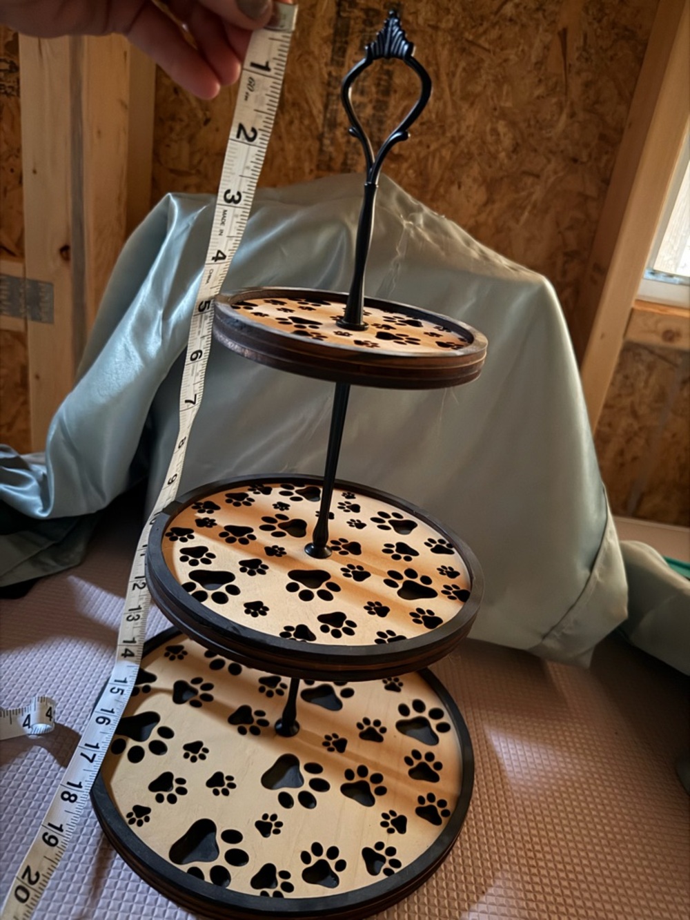 3-Tier Wooden Stand with Paw Print Cutouts - Natural & Black